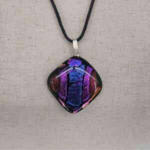 Dichroic Fused Glass Pendant Necklace Black Cord Purple Blue Artisan Jewelry